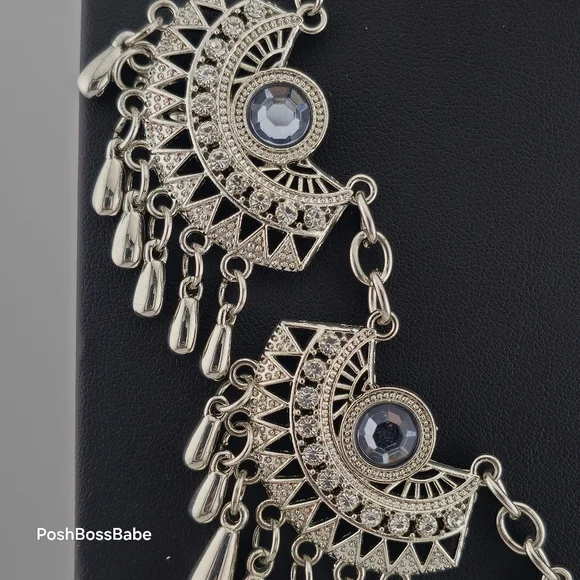 Boho Statement Necklace with Silver-Tone Crescent Medallions – 20-23" Length - Picture 5 of 12